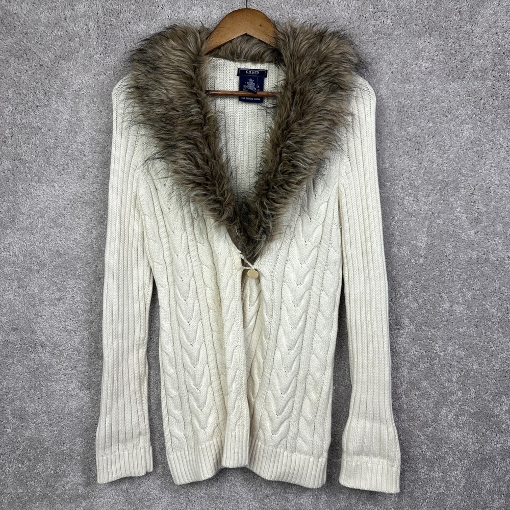 Chaps Ecru‎ Faux Fur Collar Cable Knit Cardigan Old Money Preppy Y2K Lux Classic